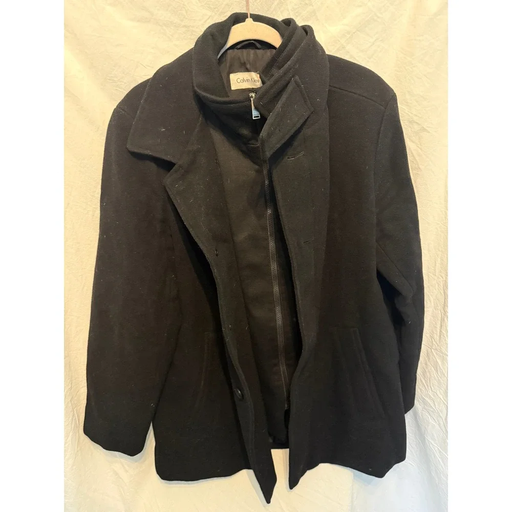 Calvin Klein Mens Black Wool Blend Quilted Lined Zip Up Button Front Coat Jacket
